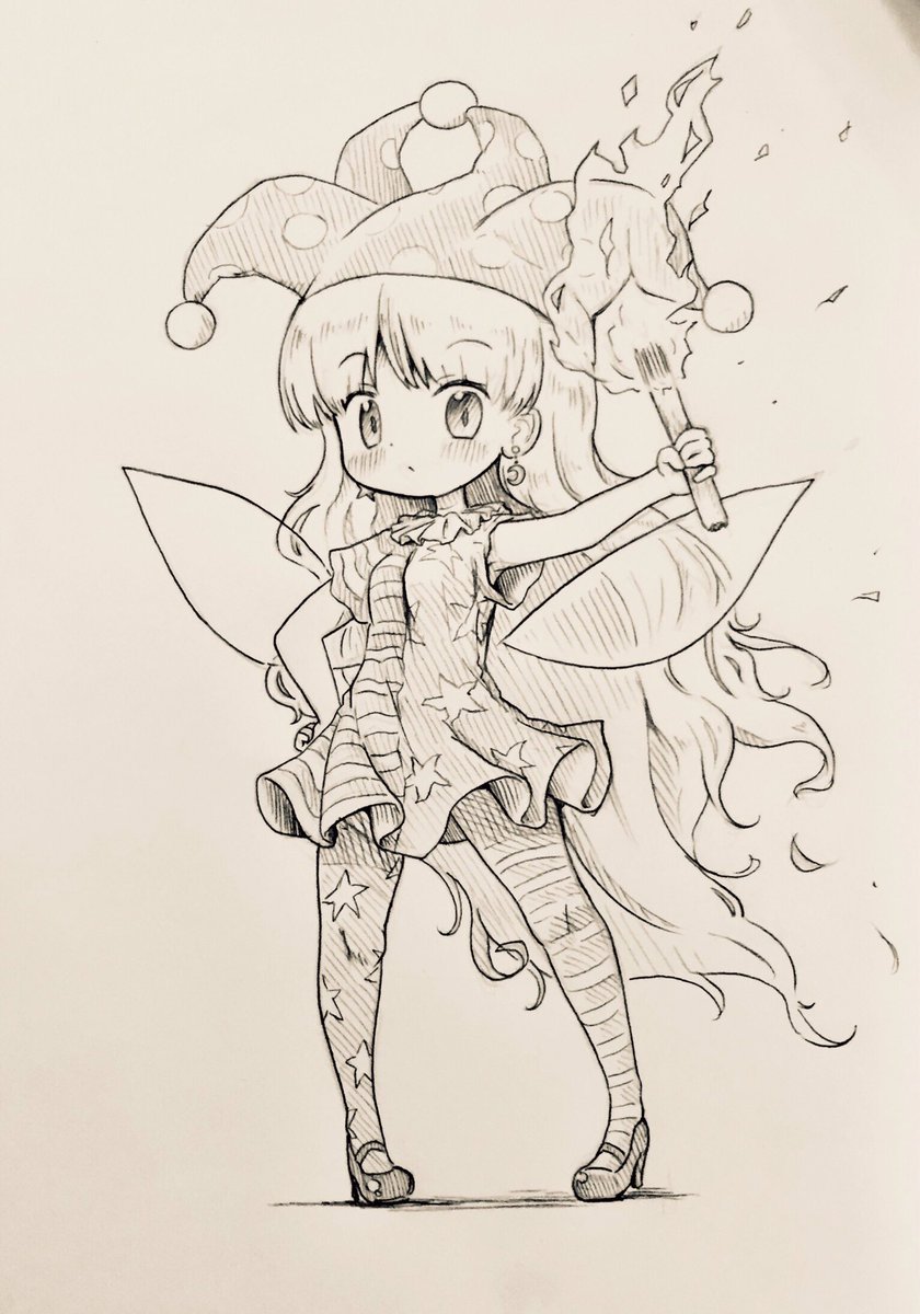 clownpiece 1girl solo long hair hat fairy wings wings monochrome  illustration images