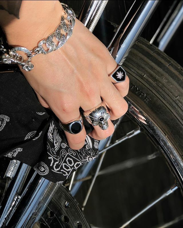The Engraved Bracelet with the Stone Signet with Onyx, Stone Evil Skull with Onyx, and All Silver Sweet Leaf Rings #thegreatfrog #thegreatfrogla