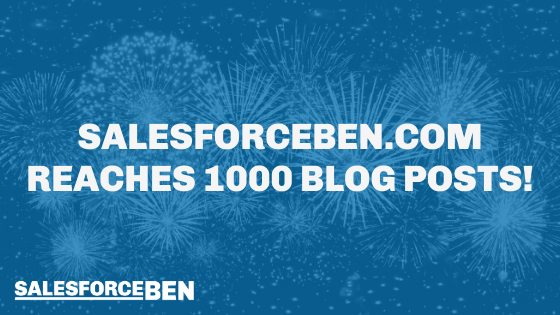 SalesforceBen's tweet photo. I'm happy to announce that we've crossed a major milestone at Salesforce Ben, we've just hit 1000 blog posts! To say a huge thanks to our readers, subscribers, guest contributors, partners, and sponsors, we've put together a video. https://t.co/NiXkHo96wR #Salesforce https://t.co/WOXqu3B9O0