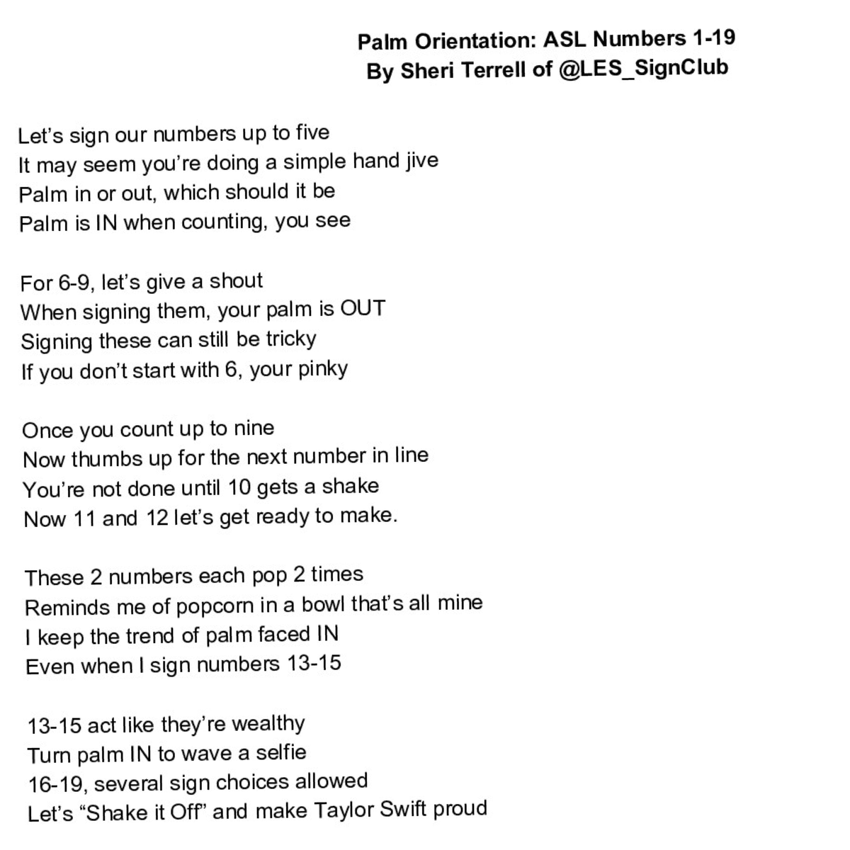 BurgSignClub's tweet photo. I was inspired to write this poem after seeing my 3rd graders struggling with palm orientation when signing
#'s 1-19. I'm looking for feedback/input. Not sure about the popcorn line. #ASLTA #ASLteaching #ASLteachers #ASLteacher
#ASL #SignLanguage #AmericanSignLanguage https://t.co/9H4Mvi1gQE