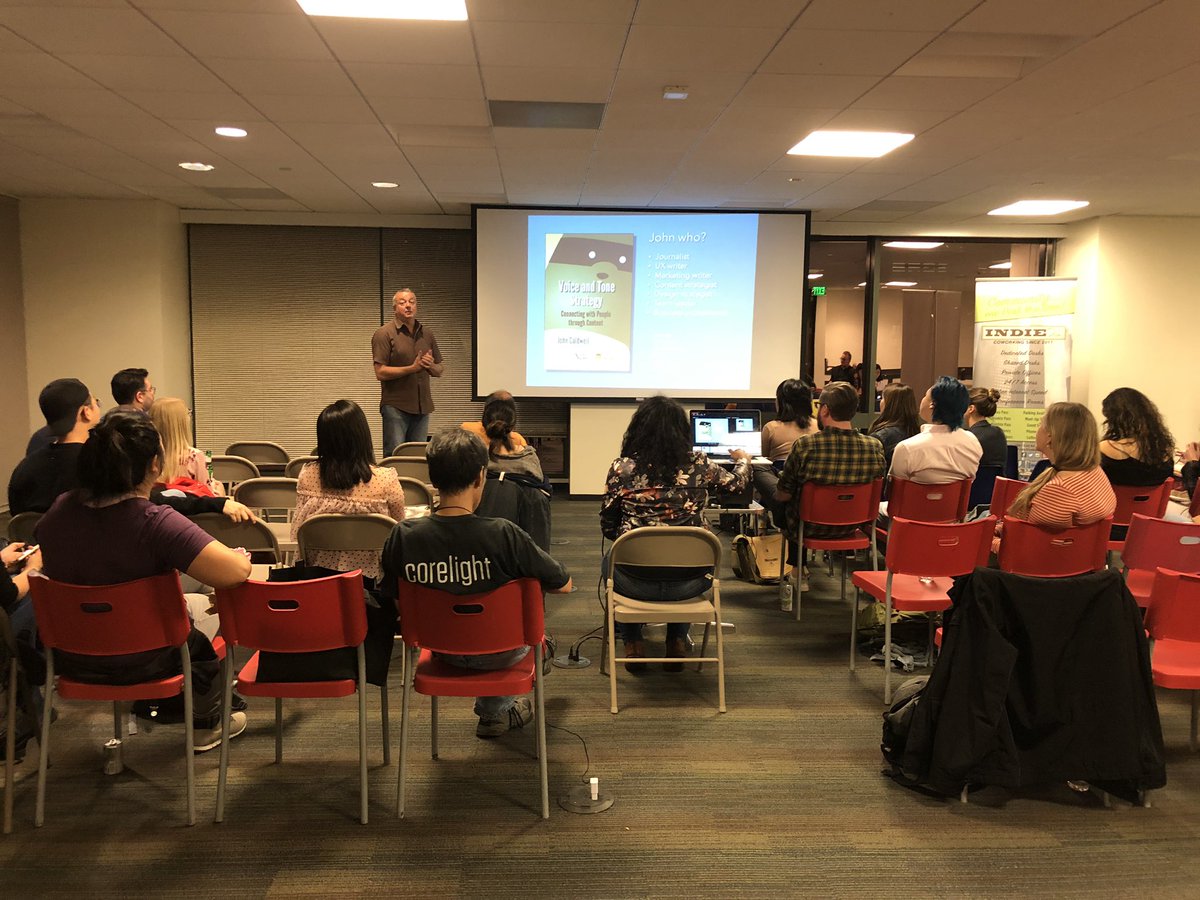 ContentSoCal's tweet photo. Our first speaker on voice and tone for tonight, John Caldwell! https://t.co/V759B8mewz
