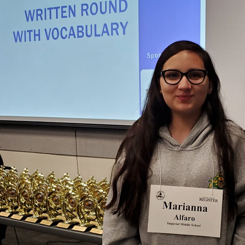 A1faroJan's tweet photo. Last night, Marianna participated in the Orange County @ScrippsBee Spelling Bee's semi-final written round; this afternoon, we found out she moved on to the oral round final!  @IMS_Knights @LHSchools https://t.co/1709RKWvYh