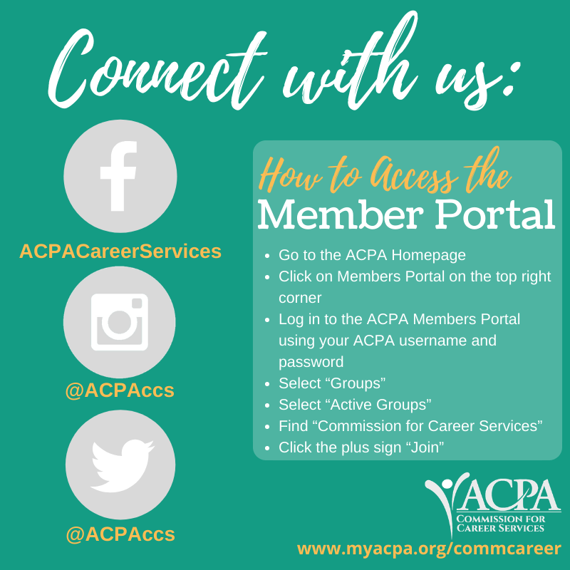 ACPAccs's tweet photo. Make sure you're connected with us for #acpa20 updates, pictures, fun and more! #acpa #acpaccs #careerservices https://t.co/qGjuknLJ5h