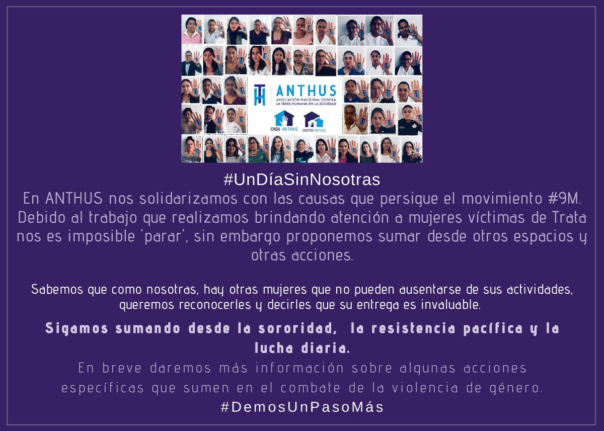 ANTHUS_AC's tweet photo. ANTHUS se solidariza con el movimiento #9M y se suma a las causas. Proponemos trabajar en el combate de la violencia de género mediante estrategias específicas que estaremos compartiendo próximamente. #DemosUnPasoMás. https://t.co/wI59qRNNdc