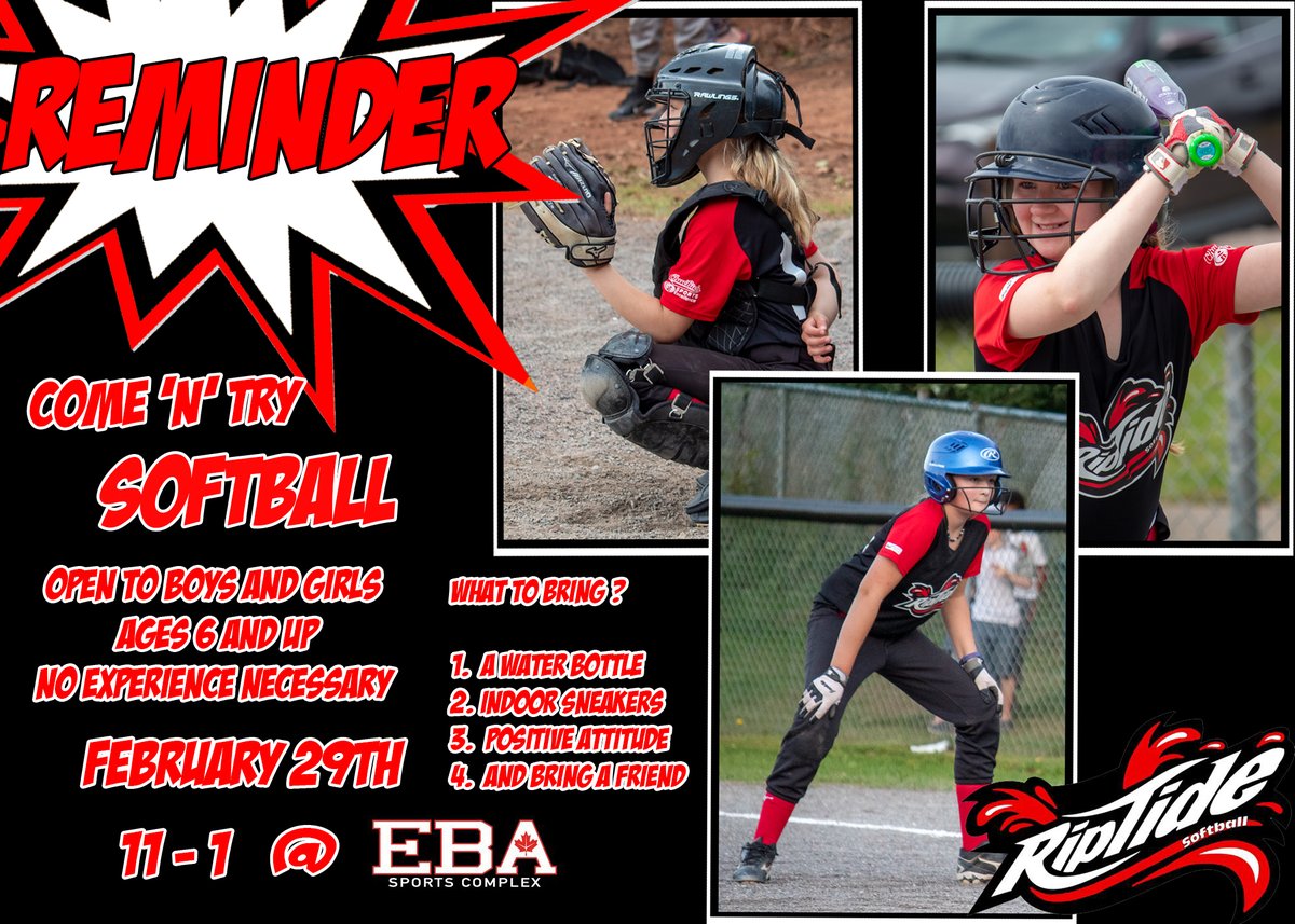 st_macdonald's tweet photo. Riptide Softball Association invites boys and girls in our community (Lucy Maud Montgomery school zone) to come out and try softball Ages 6 and up - No experience necessary #PEI @Ocean100 @TheHOT1055 @Q93ROCKS #softball https://t.co/r509QRfLvE