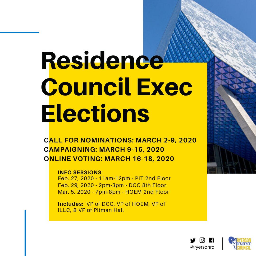 Want to live and work in residence next year? Run for a Residence Council Executive Position! 😍 Attend an info session to find out more and DM us any questions! 🌟 Available positions: VP DCC, VP HOEM, VP ILLC, VP Pitman Hall. ✨🎉