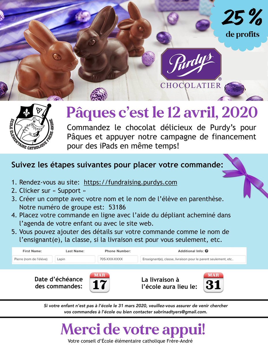 Votre enfant a reçu toute l’information dans leur agenda pour la vente de chocolat.