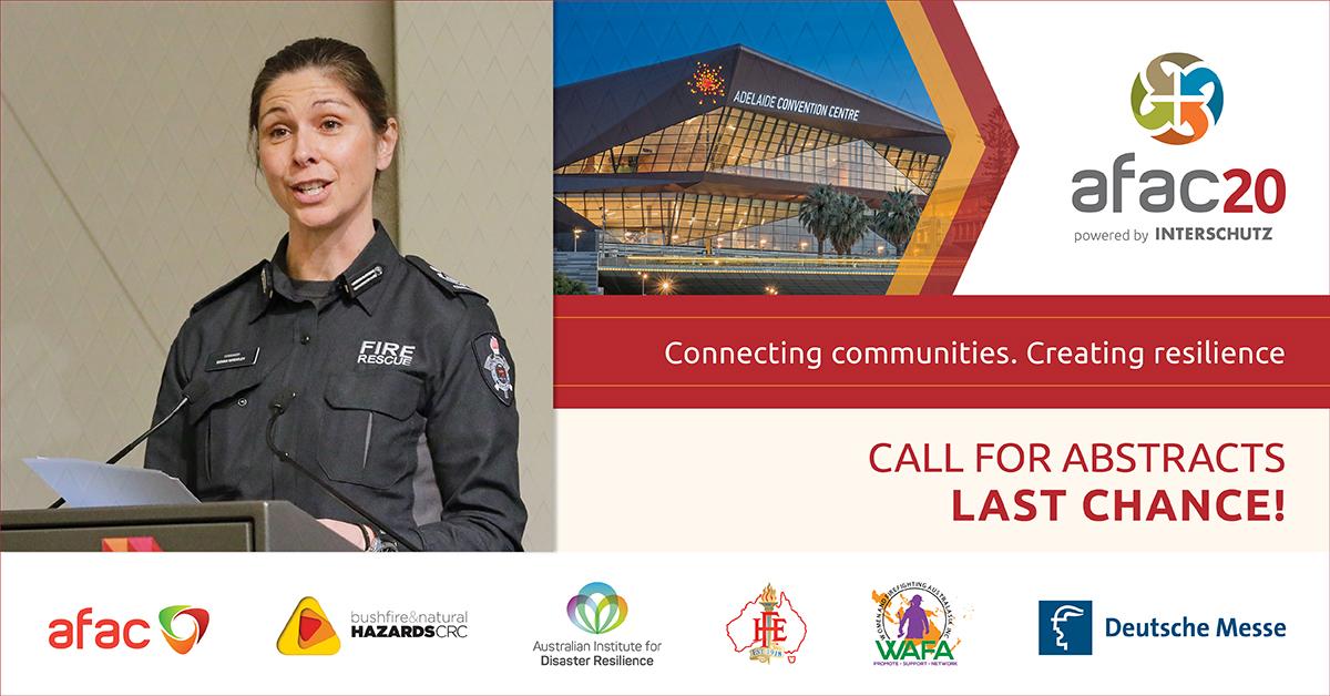 AFACnews's tweet photo. The emergency management sector is in a unique position to connect diverse communities. Be part of our #AFAC20 conference program. 

Don't miss out! Submissions close 28 February: https://t.co/pdBxSBi17Y

@ACT_Parks @FRNSW @ntpfes @SA_MFS @TasmaniaParks @SAEnvirWater @FFMVic https://t.co/pVQDMEE7sn