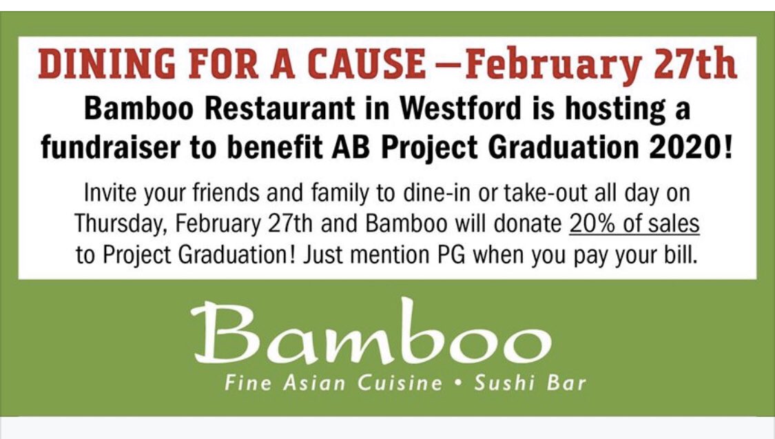 ABProjectGrad's tweet image. Thinking about dinner for later this week? How about Bamboo Fine Asian Cuisine on Thursday? Bamboo will generously donate 20% of sale to Project Graduation—dine in or take out! Simply mention PG when paying your bill.