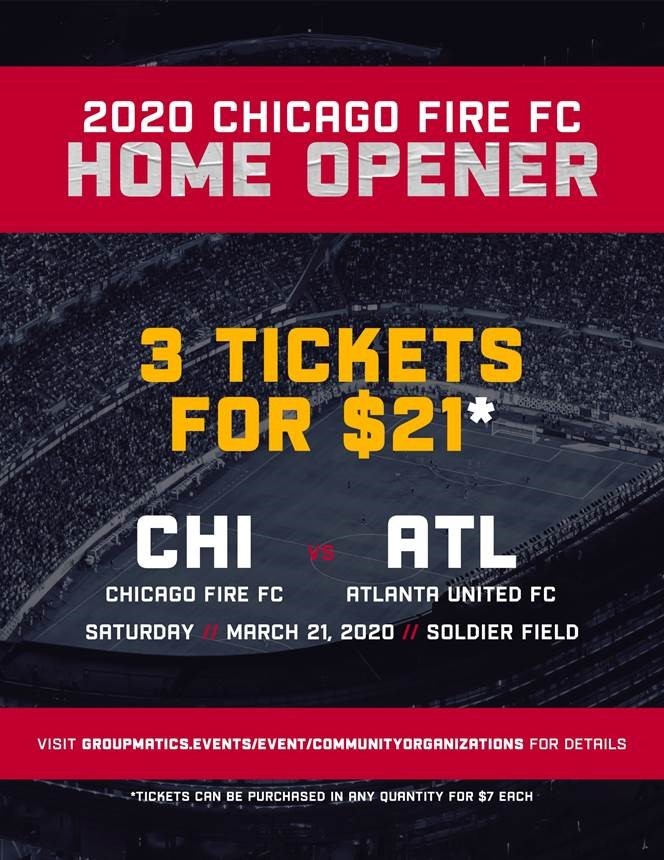 Chicago Fire Tickets for Special Olympics Illinois

Chicago Fire is offering a special group rate of 3 tickets for $21 or 1 ticket for $7. It starts with their home opener against Atlanta United on March 21st. 

You can purchase tickets at groupmatics.events/event/Communit…