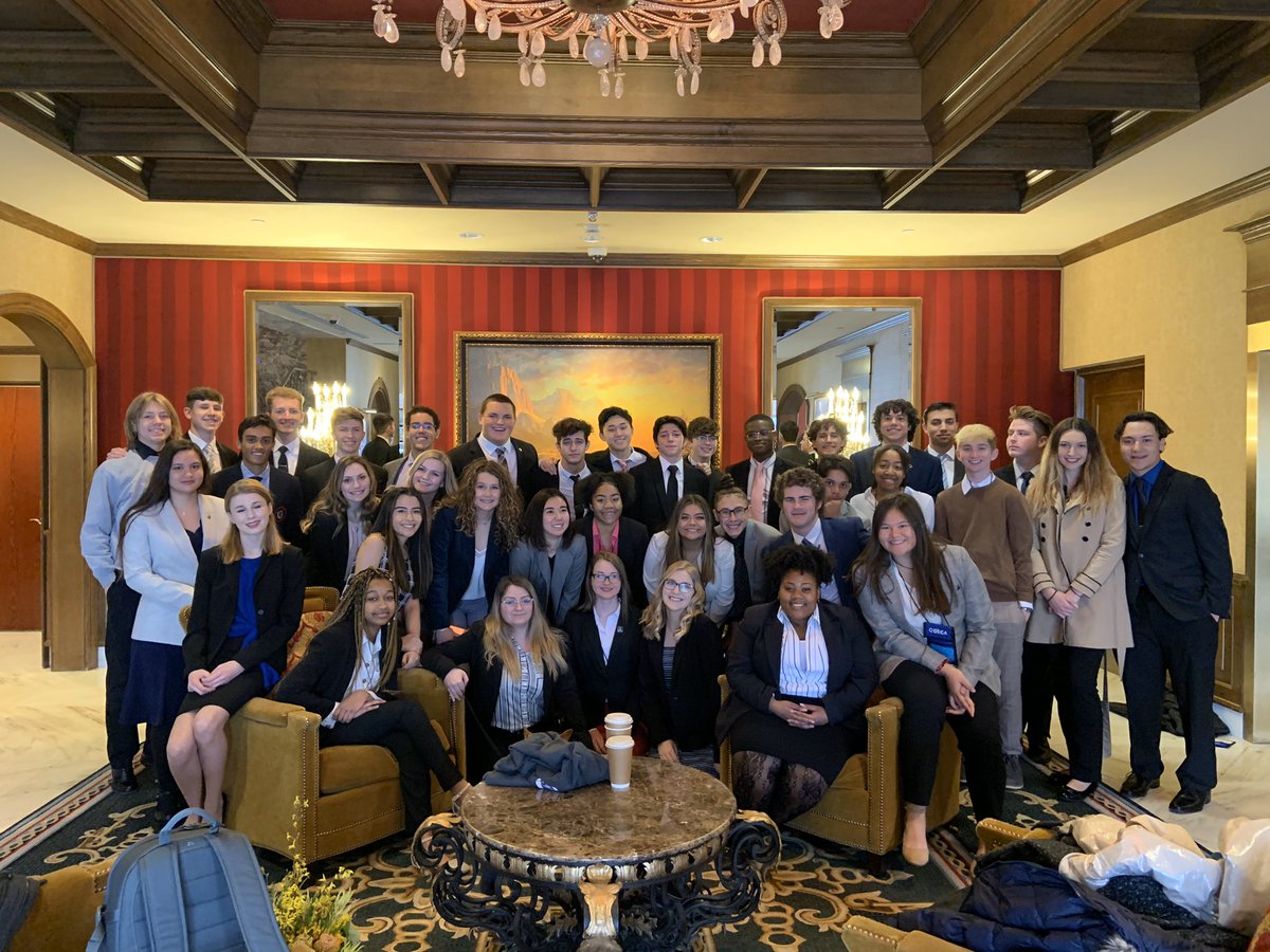 WeAreEaglecrest's tweet photo. The EHS delegation representing at DECA State, including our officer team. Congratulations to Katelyn Moose and Brookelyn Rhuby for bringing home 2nd place in Business Growth Plan. #RaptorPride @EHSDECA3 🔴⚫️⚪️ https://t.co/xFOQ5NYwPs