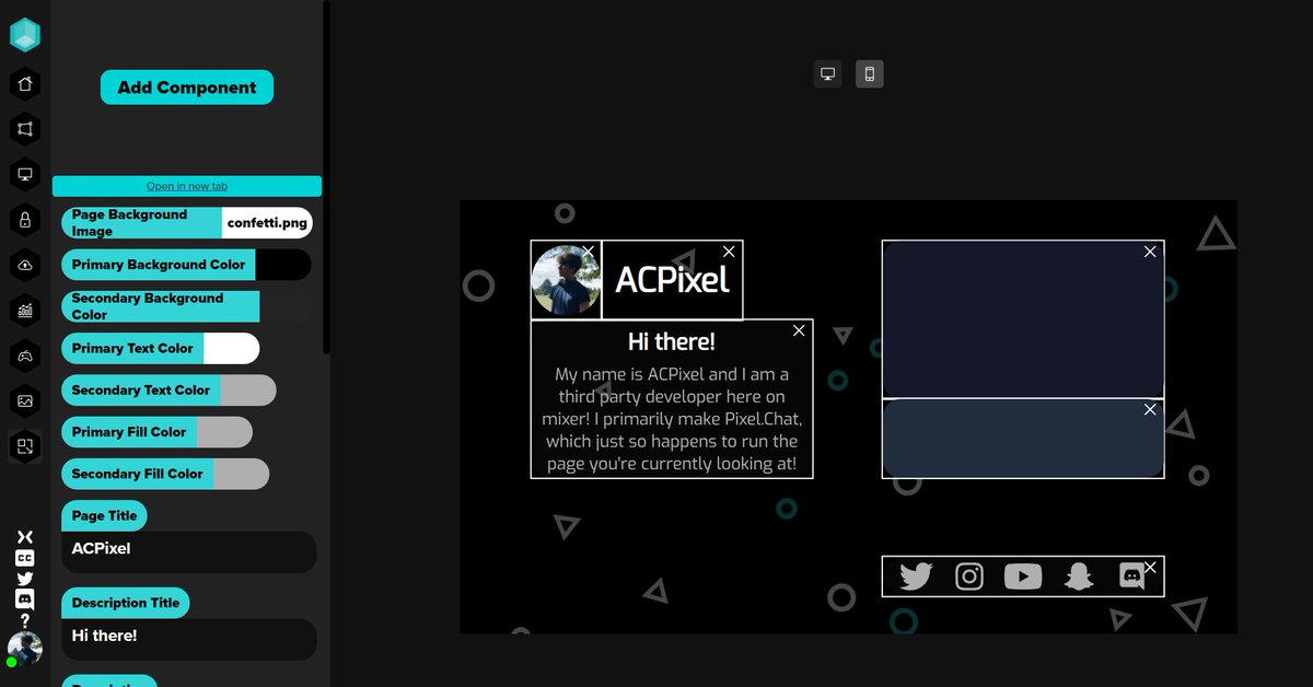 ACPixel's tweet image. Introducing Pixel-Bio to Pixel.Chat! Your own personal stream pages, designed by YOU! Get a free sub-domain, soon with custom domains! acpixel.pxl.bio With a full editor, you can customize it to fit YOUR look.