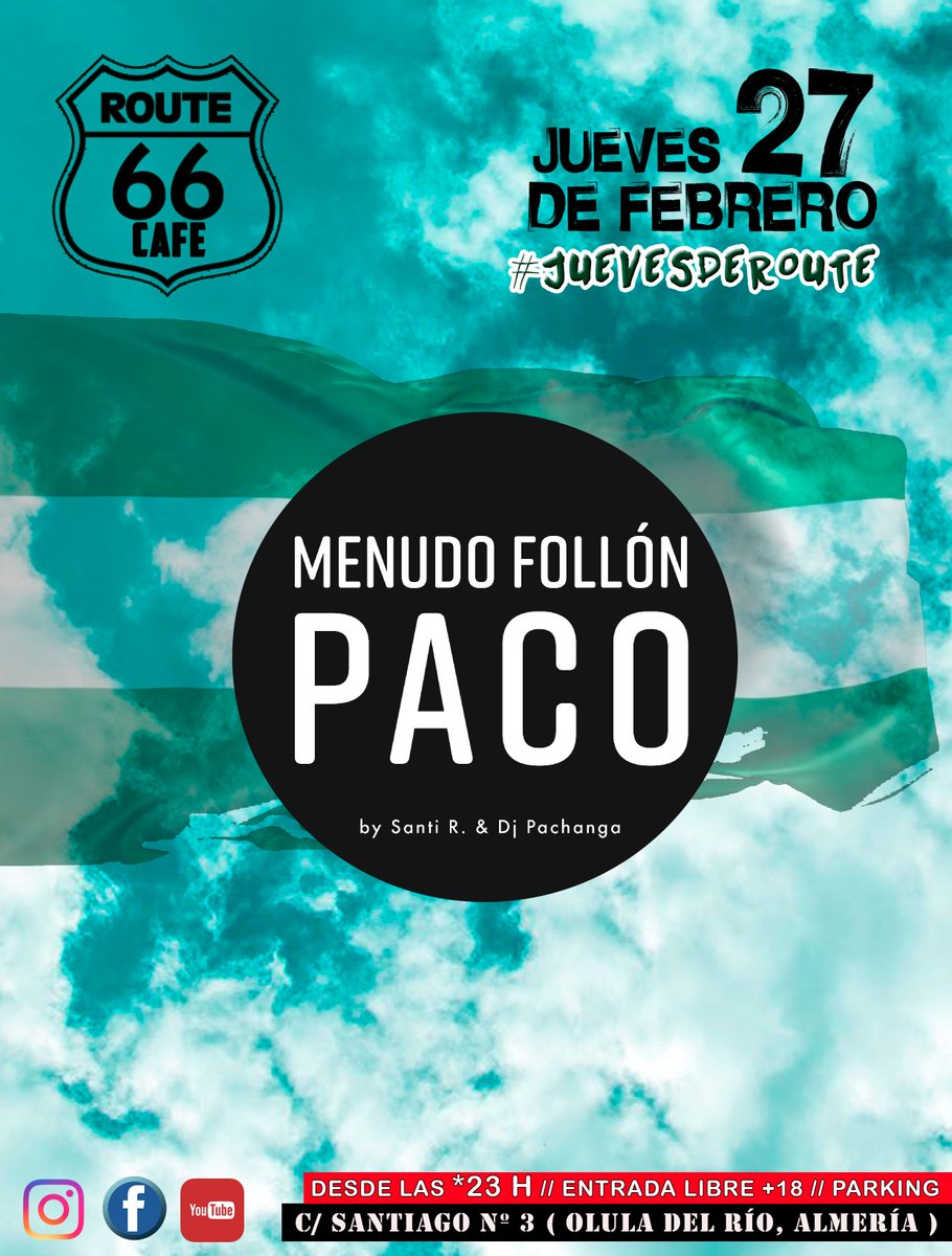 Route66Caffe's tweet photo. ❌A G E N D A❌

J.27 ⚫️ MENUDO FOLLÓN PACO ⚫ ️
Music by: @Santi_rb7  &amp; Dj Pachanga (@linsenmcalajan) 🎧🎤🎚️

⚠️V.28⚠ Día de Andalucía. Concierto en directo de "Los Vinilos" 🎸🥁🎤

Y después música comercial con Juanlu GS (Juan Luis Garre Segovia)🎧🎶🎚️ https://t.co/RyHT7DezO8
