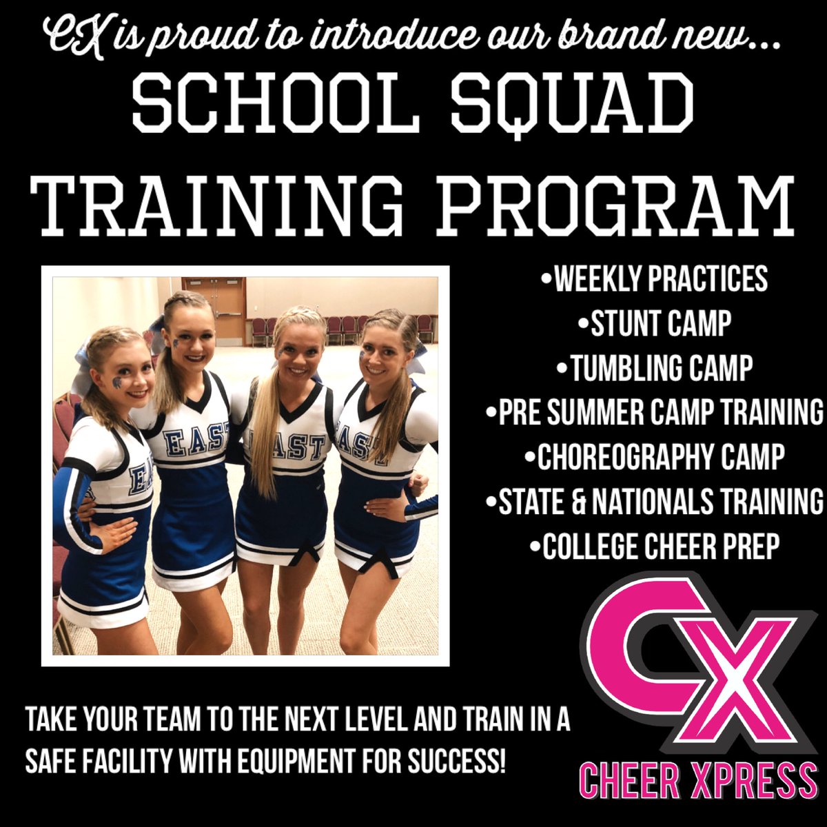So excited to launch our new School Squad Training Program! Let a CX coach, coach alongside your school coaches, to take your team to the next level! Train in our safe facility and let us help you reach your goals!