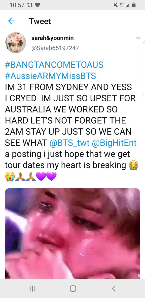 Sarah65197247's tweet photo. @BigHitEnt Uploading again because i want @BTS_twt see this #aussarmy #AUSTRALIAARMYMISSBTS We miss u everyday and we still stay up to 2am every night please give us a tour dates #2020bts 💜💜💜💜💜💜💜💜💜💜 https://t.co/HMYTC1plzq