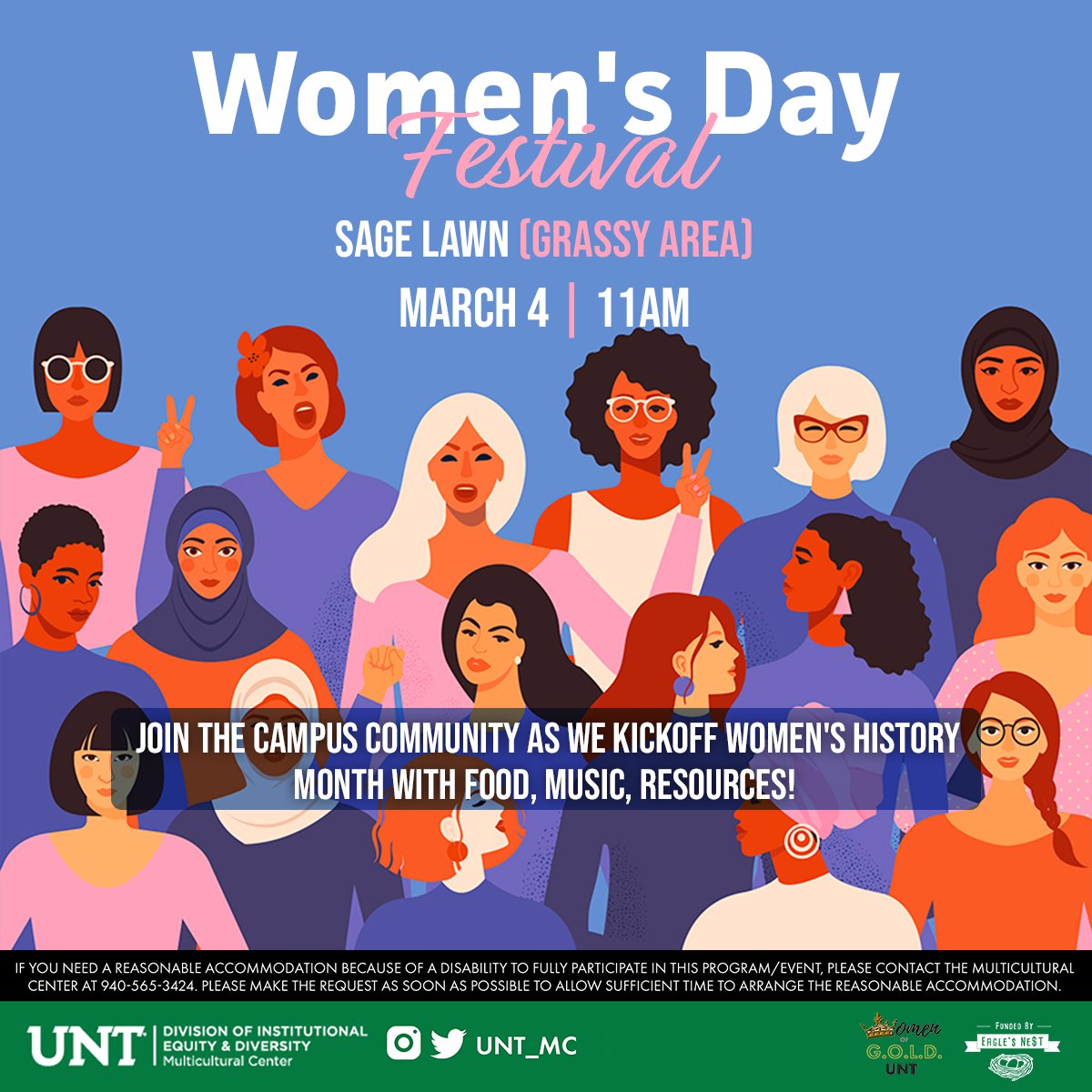 WomenofGoldUNT's tweet photo. The First Annual...

WOMEN'S DAY FESTIVAL! 👭🤟💕
In partnership with @UNT_MC and @UNTSGA 

WEDNESDAY, MARCH 4TH
📍Sage Lawn 
🕙11:00AM-2:00PM

Come get fed by @Raising_Canes and see performances from @Definition_UNT and @UNT_GLS  🥰

@rebekahxgrace 🔊 https://t.co/wb4AUYdgMb
