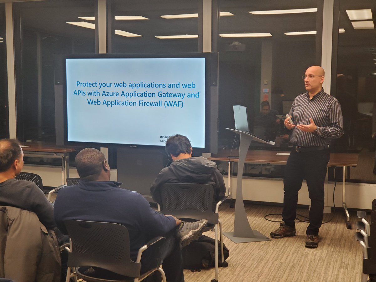 <a href="/ArlanNugara/">Arlan Nugara</a> presenting protecting web applications in #Azure 
<a href="/TorontoDotnetUG/">Toronto .NET Meetup</a> @msdevCA