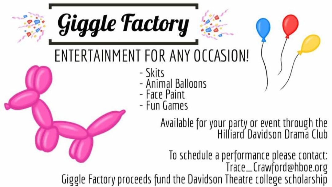 No one ever complained they laughed too much. Come get your giggles on this Sunday at 3pm with the HD Giggle Factory in PAC!

It's a face painting laugh fest and kid friendly!!!