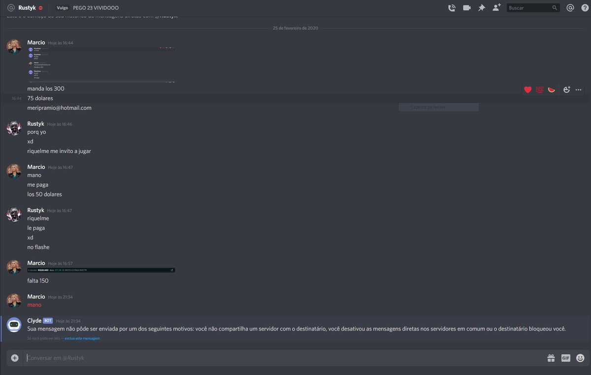 <a href="/Riquelmee8/">Riquee-SSJ</a> <a href="/rustykbtw/">Rustyk</a> Fui banido da live do <a href="/rustykbtw/">Rustyk</a> e bloqueado no discord 
 , fui pedir a <a href="/Riquelmee8/">Riquee-SSJ</a> e ele falou para cobrar a rustyk  , as prints estao ai e o void esta na minha twitch (MarciooL2L2) so quero receber os R$ 150 restantes.