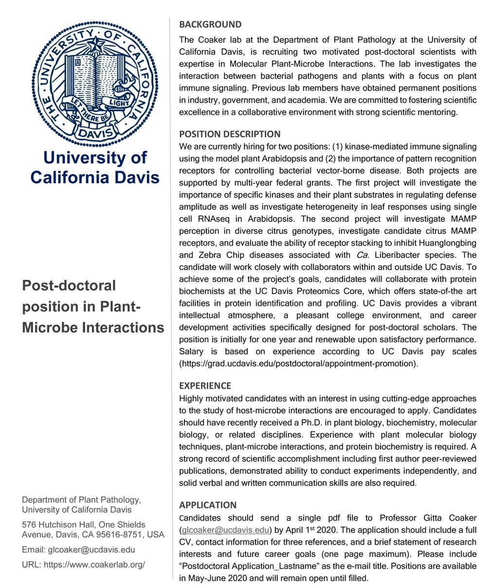 GittaCoaker's tweet image. I am currently hiring for two postdoctoral scientist positions investigating plant innate immunity. One using the model plant Arabidopsis, the other on bacterial vector-borne disease. Please RT.