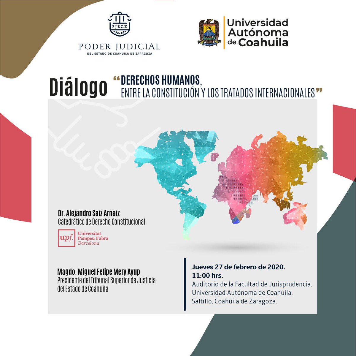 Te invitamos al diálogo “Derechos Humanos. Entre la Constitución y los Tratados Internacionales” entre el Dr. Alejandro Saiz Arnaiz y el Magistrado <a href="/MiguelMery/">Miguel F. Mery Ayup</a>
Acompañará el Maestro <a href="/IvanCastilloE/">Ivan Castillo</a>

🗓 27 de febrero 
📍<a href="/UAdeC/">@UAdeC</a> 
⏰11:00 hrs
<a href="/UPFBarcelona/">UPF Barcelona</a> 
<a href="/DretUPF/">Dret UPF</a> 
@reyesycastillo