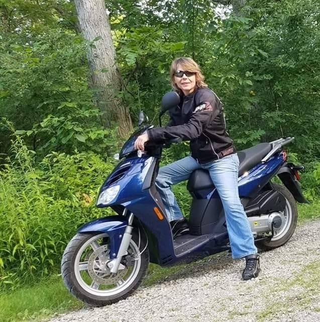 RHSDevils_Den's tweet photo. Sheila Lepak with one of her favorite toys #leatherjacket #MopedGang #ProRider https://t.co/J8zsTHEuqQ