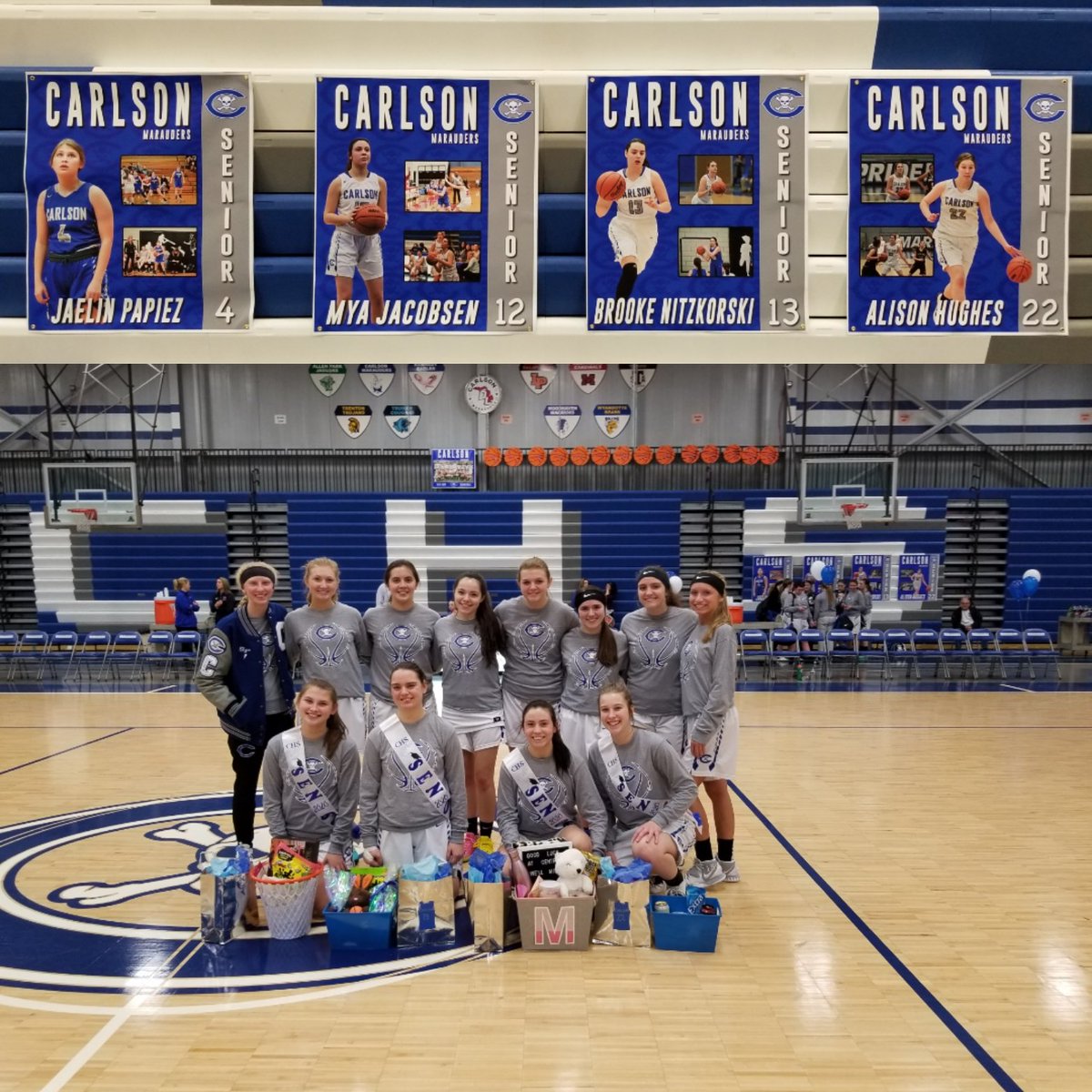 Tonight we honored our Girls Basketball seniors Jaelin Papiez, Mya Jacobsen,  Brooke Nitzkorski, and Alison Hughes. The excitement included snow day announcements for both teams and an overtime time victory over Lincoln Park 60- 56. I will miss watching these ladies play. 💙🏀💙