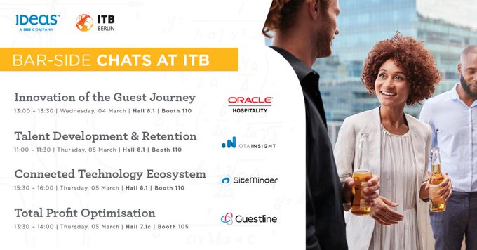 IDeaS_TechCen's tweet image. We look forward to meeting you at @ITB_Berlin, the World&apos;s leading #travel trade show. Join us for IDeaS Bar-Sides Chats as experts from @OracleHosp, @otainsight, @SiteMinder_News, and @Guestline meet up for a series of powerful conversations. spr.ly/60131mGcN #ITBBerlin
