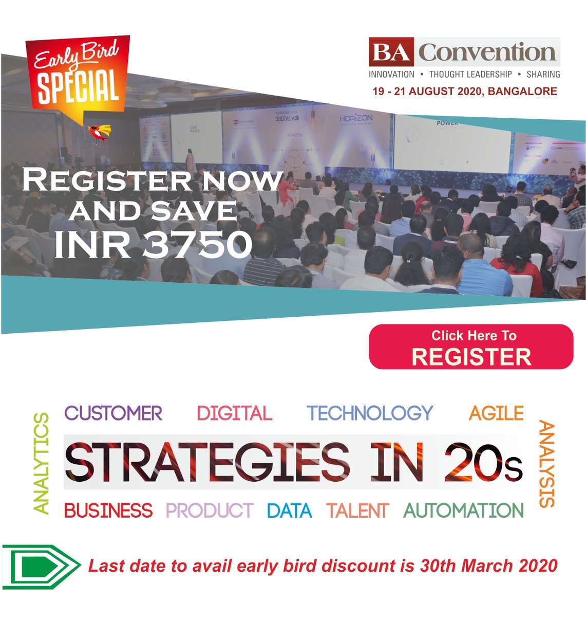 Asia's biggest conference on #businessanalysis is back! 

Scheduled on 19-21 Aug 2020, Bangalore, conference will focus on the importance of crafting and implementing a Successful strategy for business. 

#Hurry &amp; #Register NOW to avail #earlybird, visit: bit.ly/2Pqw1lz