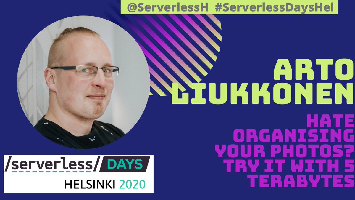 Arto Liukkonen (<a href="/artoliukkonen/">Arto Liukkonen</a>) is speaking at #Serverless Days #Helsinki 24th of March. He will be speaking about "Hate organising your photos? Try it with 5 Terabytes"

🚨Get your ticket! buff.ly/2EP5IQO

#ServerlessDaysHEL