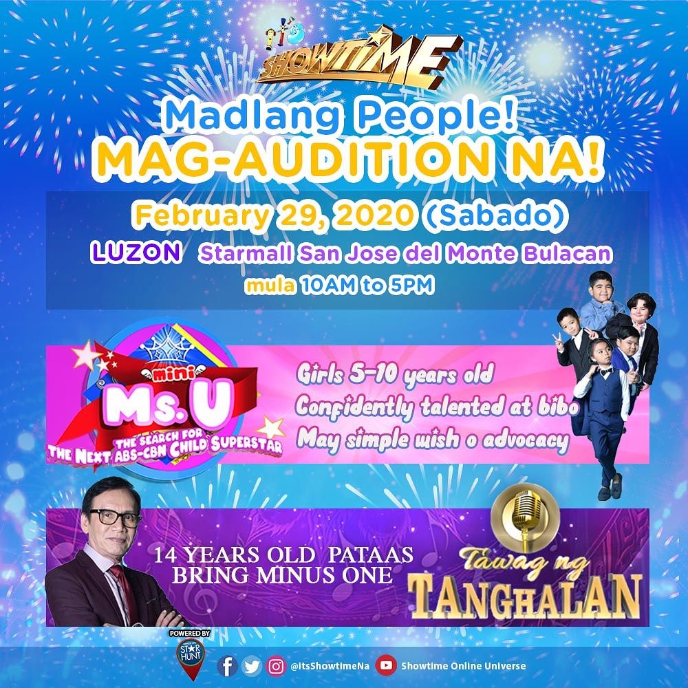 itsShowtimeNa's tweet photo. β Madlang People! Sama-sama nating ipagmalaki ang ating talento at mag-audition ngayong darating na Sabado sa Starmall San Jose del Monte Bulacan mula 10am to 5pm! Kitakits tayo! #ShowtimeAuditions #TNTJoin #TNTRefer #MiniMsUAudition https://t.co/LCQ9B8ssIt