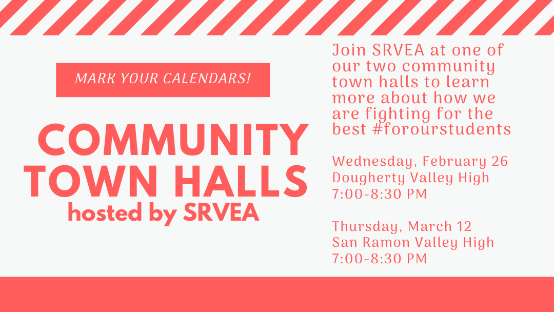 Hey SRVEA Twitter!

Reminder that our first town hall is tomorrow night, 2/26 @ 7pm @ the Dougherty Valley High School Library.

RSVP here:
tinyurl.com/SRVEATownHalls…

Come to learn why SRVEA is committed to standing strong #forourstudents and how you can join us!