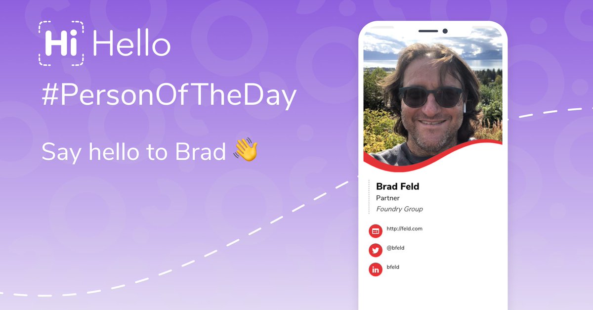 Our first #PersonOfTheDay is...

*drumroll please 🥁*

Brad Feld! <a href="/bfeld/">Brad Feld</a> is a Partner at the Foundry Group. His HiHello card is short, sweet, &amp; to the point. We’re also digging the selfie, Brad.

View Brad’s card: buff.ly/37WhcgY

Check back tomorrow for our next #POTD!