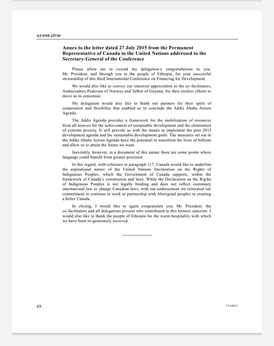 11) There are a ton of interesting documents about this conference, like this one from Canada's UN Rep to the Chair of the conference. It states that Canada is on board with the plan and puts emphasis on UNDRIP and speaks to the issue of agreements being "legally binding".