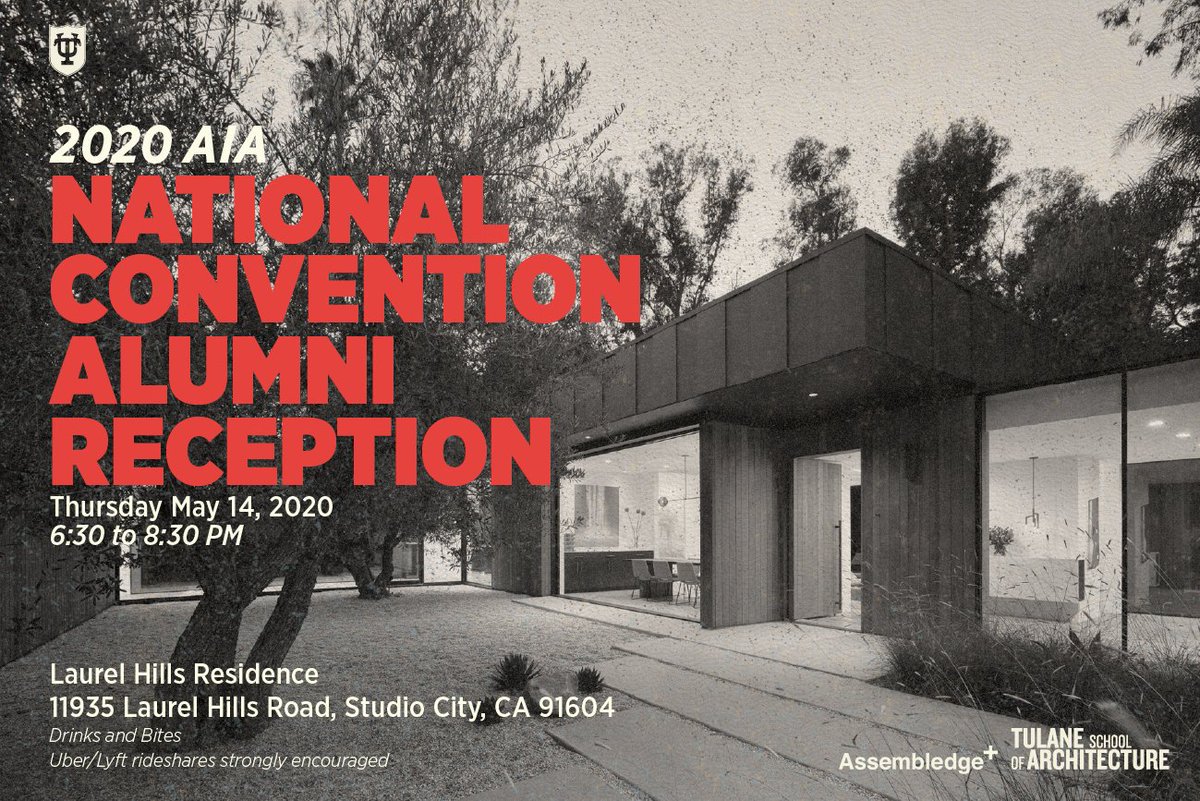 TulaneArch's tweet photo. All of our #TulaneArch alumni are invited to the Annual Alumni Reception, in conjunction with @AIANational Convention.
May 14, 6:30-8:30pm.
At @nytimes featured home Laurel Hills Residence, hosted by alumnus David Thompson (A ’91), Principal and Founder of @assembledge. https://t.co/HQOo1CV3WH