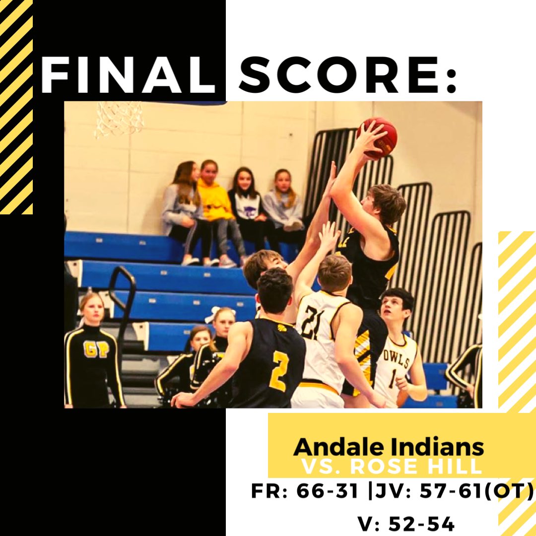 🚨FINAL SCORE🚨

𝕀𝕟𝕕𝕚𝕒𝕟𝕤
ANDALE  falls to ROSE HILL ➡️ 13-6
Back in action on ⬇️

🗓THURS. FEB 27th
🆚 Wellington
📍Wellington, KS
🕗 FR: 4:15, JV: 5:45, V: 7:30
📲 <a href="/Andale_Indians/">Andale High School</a> <a href="/AndaleAthletics/">Andale Athletics</a>