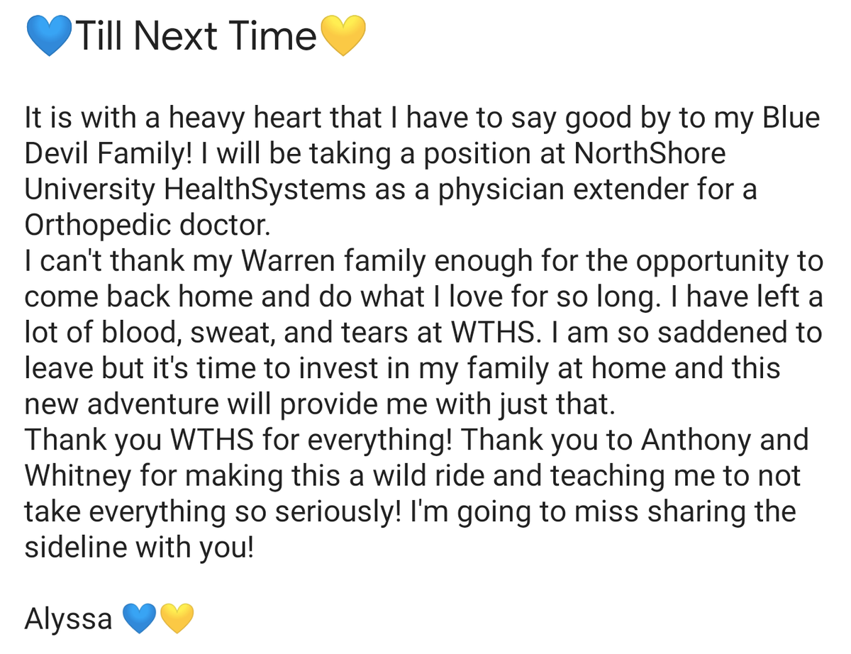 alygaidar's tweet photo. 💙💛 Thank you WTHS for allowing me to come home! I will miss so much of this adventure. It's time to say goodbye to the sidelines after 18 years. 💙💛 https://t.co/S5HBRMatzq