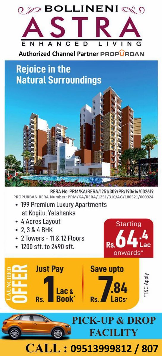PropUrban's tweet photo. Buy 2, 3 &amp; 4 BHK Homes from Bollineni Astra at Kogilu Yelahanka. Just pay Rs. 1 Lakhs &amp; book &amp; save up to Rs. 7.48 Lakhs. Starts at Rs. 64.4 Lakhs onwards. Call now.
#Homes #Dreamhomes https://t.co/bWYTbRfMoh