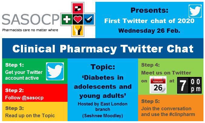 sasocp's tweet photo. Join our 1st twitter chat for 2020. Tonight 26feb at 7pm. Hosted by Seshnee Moodley. Topic diabetes in adolescents and young adults. Remember @sasocp #clinpharm https://t.co/PW81olIlAe