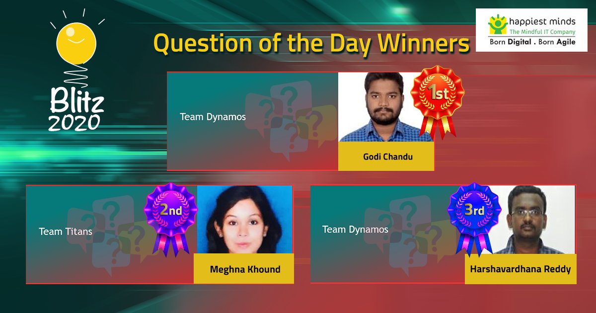 HappiestMinds's tweet photo. Questions are great only if you know the answer. Here are the winners for “Question of the Day” #Blitz2020
Congratulations
Godi Chandu Team Dynamos
Meghna Khound Team Titans
Harshavardhana Reddy Team Dynamos https://t.co/hfrrBNt3Tr