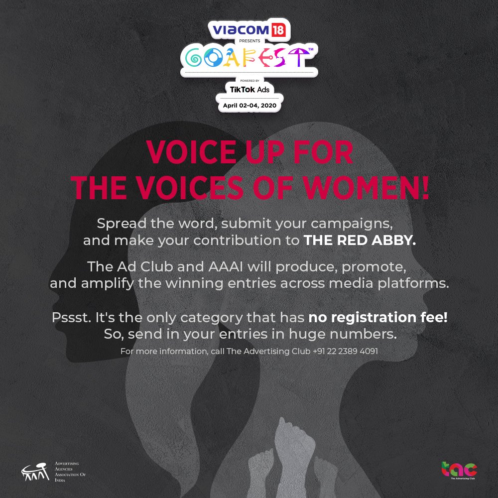 Has your communication this year been a voice for women? Submissions open for The Red Abby for work that highlights women's issues, rights and equality.

Click here to download the entry forms - bit.ly/32r0VPS

#Goafest2020 #GoGoafest #Goa #Advertising #Networking