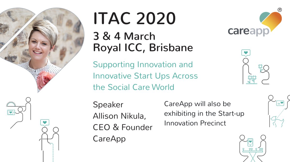 Careappgroup's tweet photo. CEO and Founder @allison_nikula will be attending the @itacconference as a speaker in Brisbane on 3 & 4 March!
Make sure you check out CareApp in the Start-up Innovation Precinct and come and say hi to her 👋
#tech #app #agedcare #Innovaging #innovation #ITAC2020 https://t.co/2zebjd8MV9