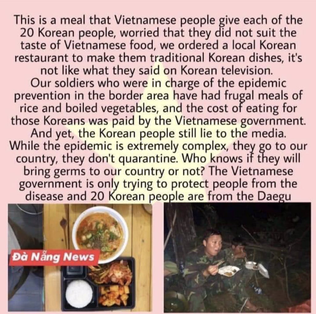 an16468446's tweet photo. #ApologizeToVietnam
#KoreansStopLying
#Please_tell_the_truth_and_dont_lie
Hãy nhìn bữa ăn của những người Hàn Quốc khi bị cách ly và bữa ăn của bộ đội chúng tôi đang canh gác ở biên giới.
-------
Bữa ăn của các bạn có thực sự tệ như lời của các bạn nói? https://t.co/IkFnxORu58