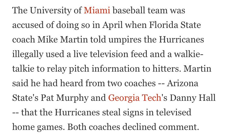 2004, Miami Hurricanes. Accused of using video equipment and walkie-talkies  https://www.sun-sentinel.com/news/fl-xpm-2004-06-13-0406130107-story.html