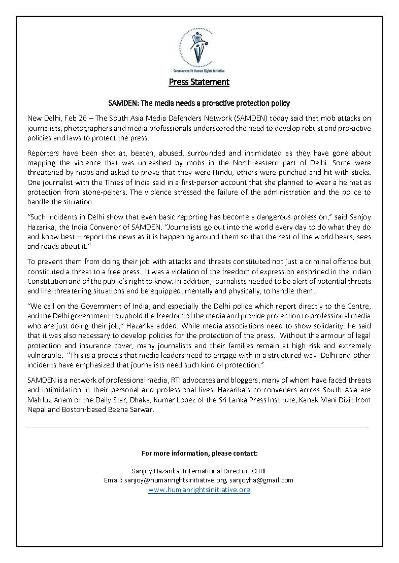 CHRI_INT's tweet photo. Statement by #SAMDEN concerning the mob #Attacks attacks on journalists, photographers and media professionals in Delhi
#DelhiViolence Read more: https://t.co/KDIc6ixI7q https://t.co/6CX28xPish