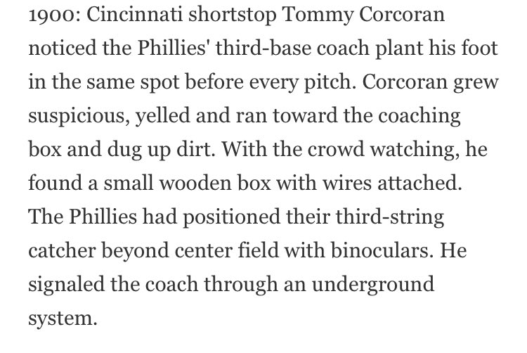 1900, Phillies. Third-base coach was using a buried box wires attached to relay signs through an underground system.  https://www.sun-sentinel.com/news/fl-xpm-2004-06-13-0406130107-story.html