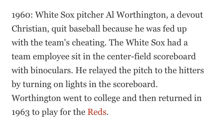 1960, White Sox. Binoculars in center-field scoreboard. Relayed signs with lights.  https://www.sun-sentinel.com/news/fl-xpm-2004-06-13-0406130107-story.html