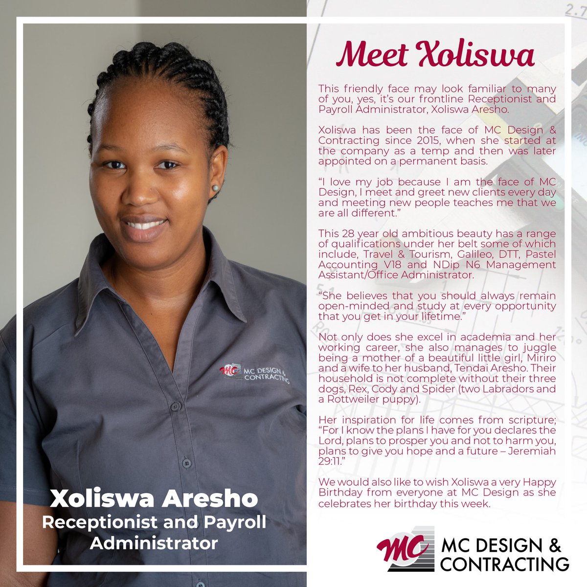 designcontract's tweet image. MEET THE TEAM | This friendly face may look familiar to many of you, yes, She&apos;s our frontline Receptionist and Payroll Administrator, Xoliswa Aresho.

#mcdesignandcontracting #meettheteam #meetxoliswa