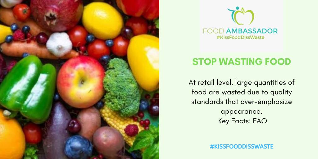 Ambassador_Food's tweet photo. At retail level, large quantities of food are wasted due to quality standards that over-emphasize appearance. Keys facts FAO #KissFoodDissWaste 

Stop Wasting Food

#Food #Hunger #FoodSecurity #FoodLove #Fact https://t.co/yRRSL8zeGJ