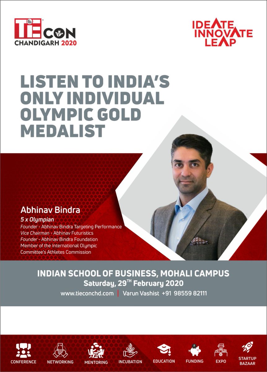 We welcome @Abhinav_Bindra  - India's pride and our local super success story!!Chandigarh is proud of you and we look forward to hosting you on the 29thFeb2020. @abtpindia #TiEConChandigarh2020 #ideateinnovateleap #in